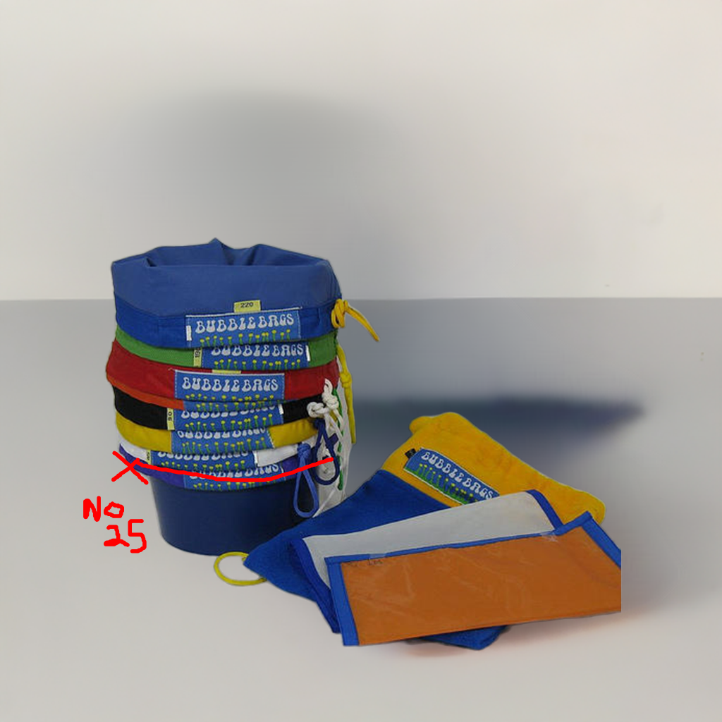 A set of eight colorful extraction bags laid out flat, each with a different color label and micron size, meant for processing plant material in a specific method.